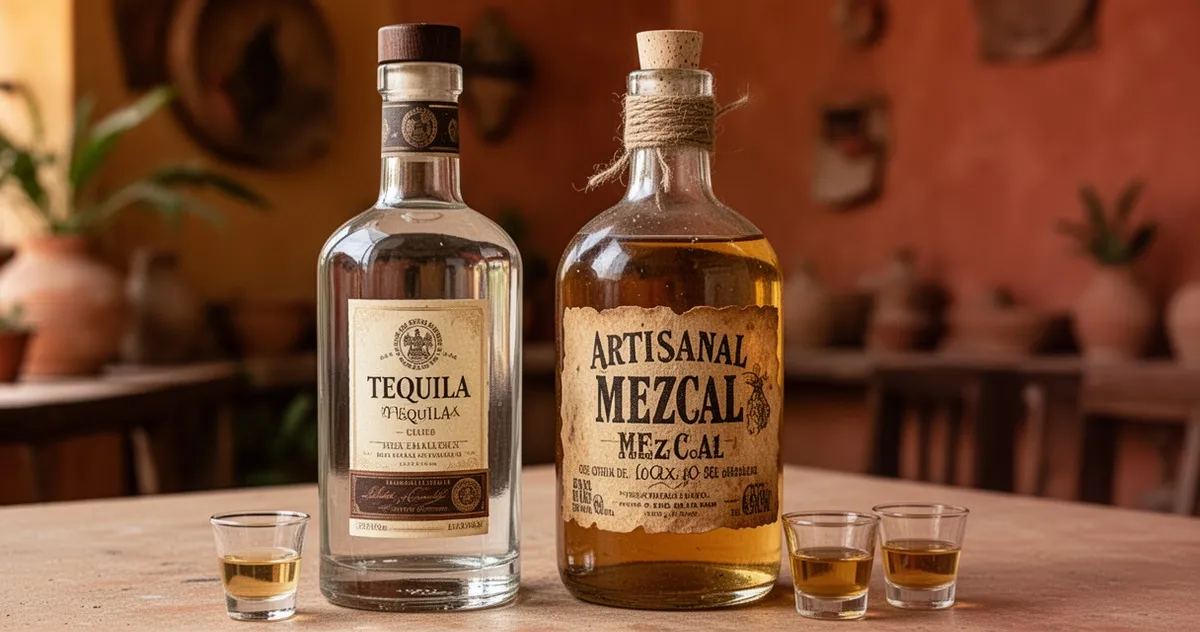 Butelka tequili obok butelki mezcalu z małymi kieliszkami