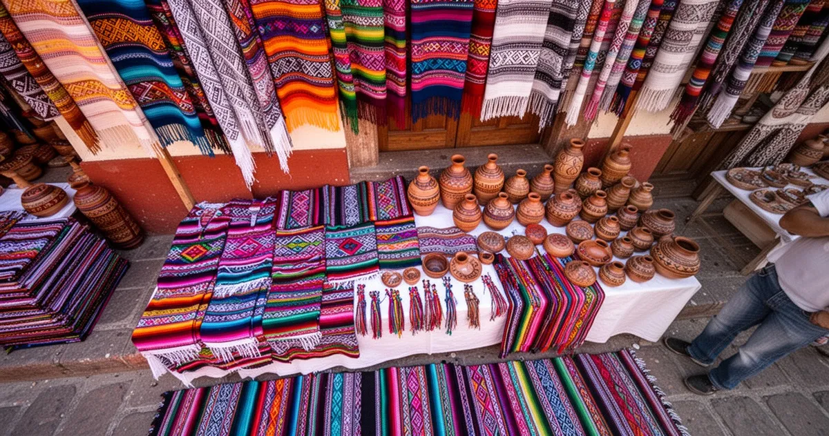 Stragan z kolorowymi tkaninami na targu w Oaxaca