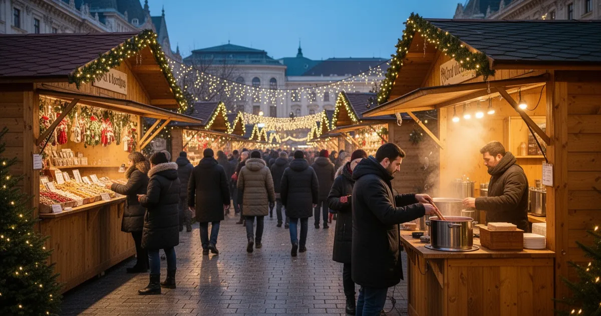 Jarmark bożonarodzeniowy w Budapeszcie wieczorem