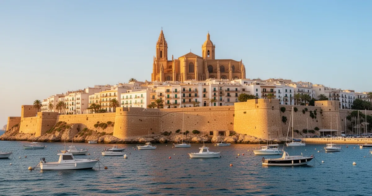 Panorama Dalt Vila, ufortyfikowanego starego miasta Ibizy, z portem na pierwszym planie