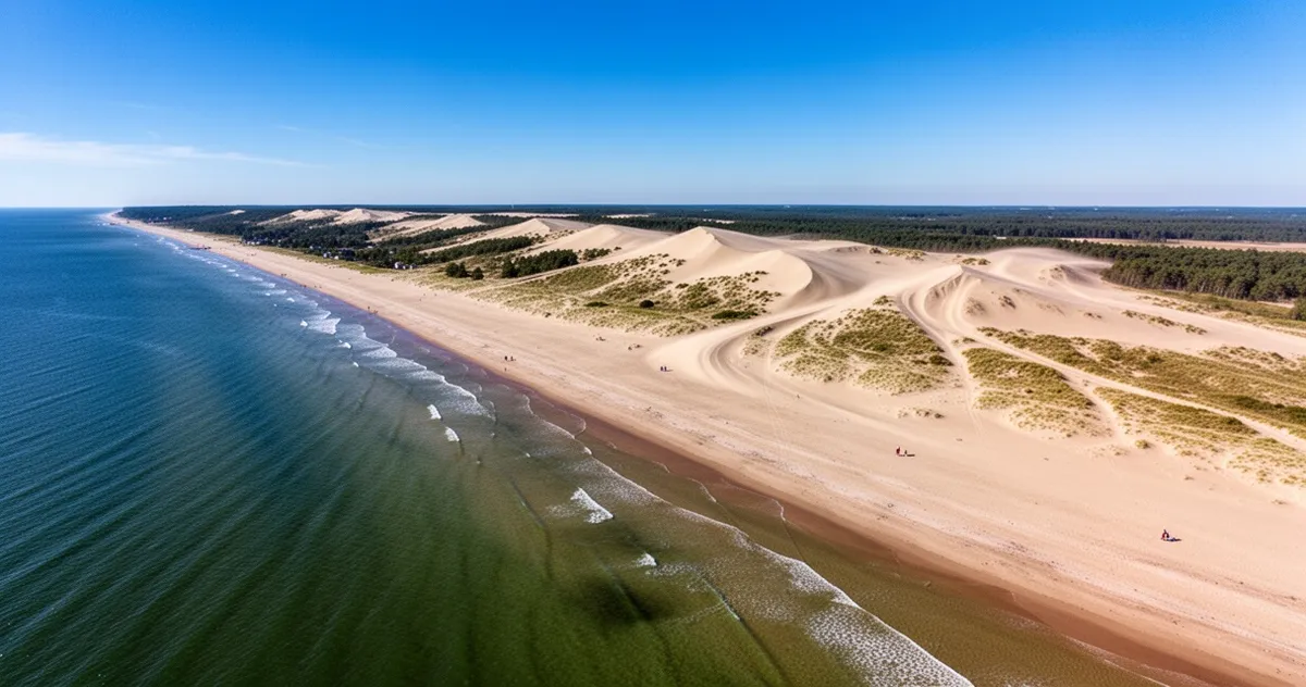 Panorama plaży w Łebie z ruchomymi wydmami w tle