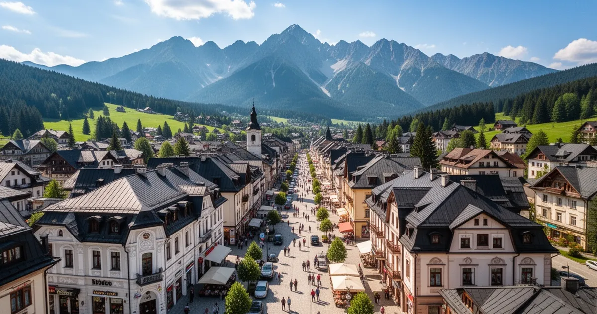 Panorama Zakopanego z widokiem na Krupówki i Tatry