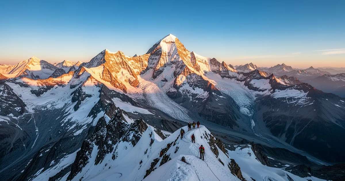 Panorama masywu Mont Blanc o wschodzie słońca z widoczną grupą wspinaczy
