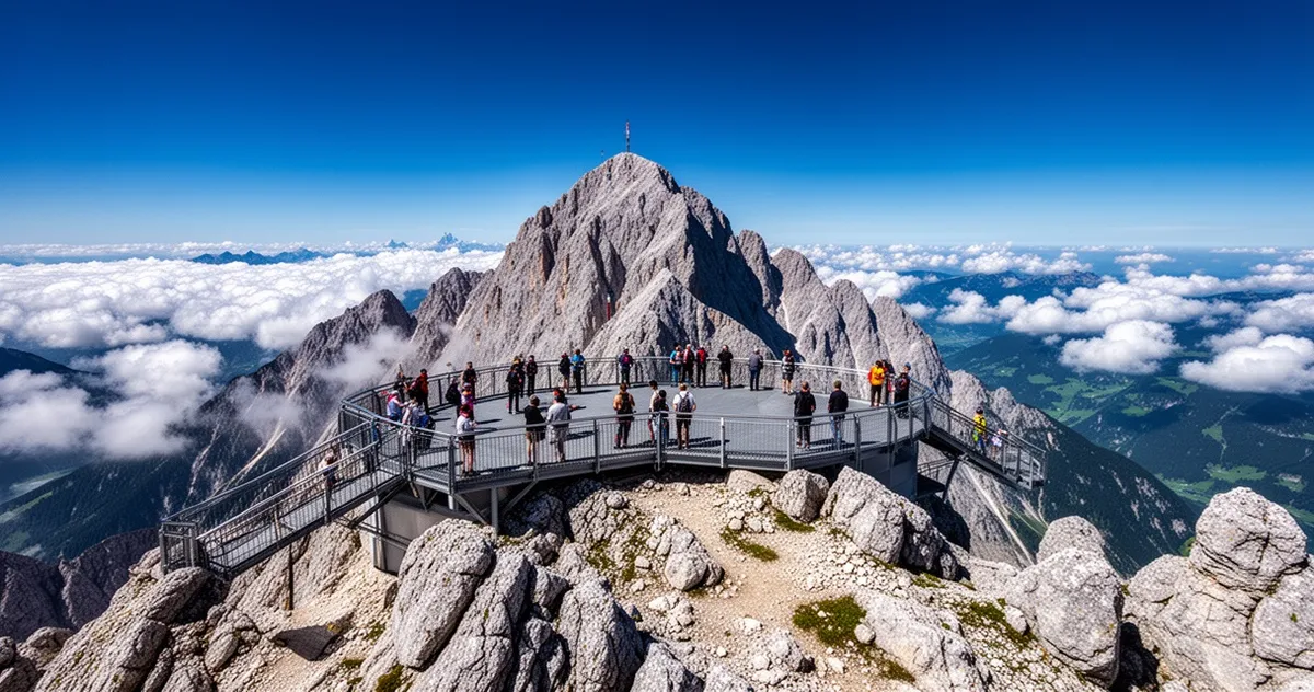 Turyści na platformie widokowej na szczycie Zugspitze w Alpach Bawarskich