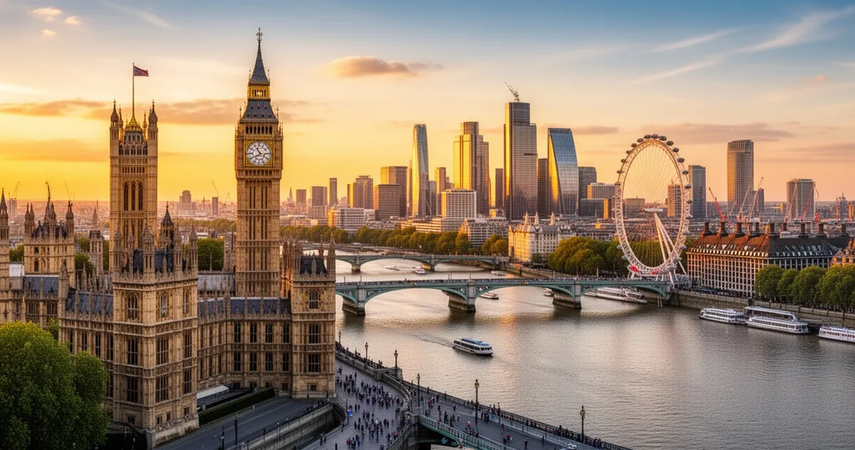 Panorama Londynu od strony South Bank z Elizabeth Tower i London Eye na pierwszym planie