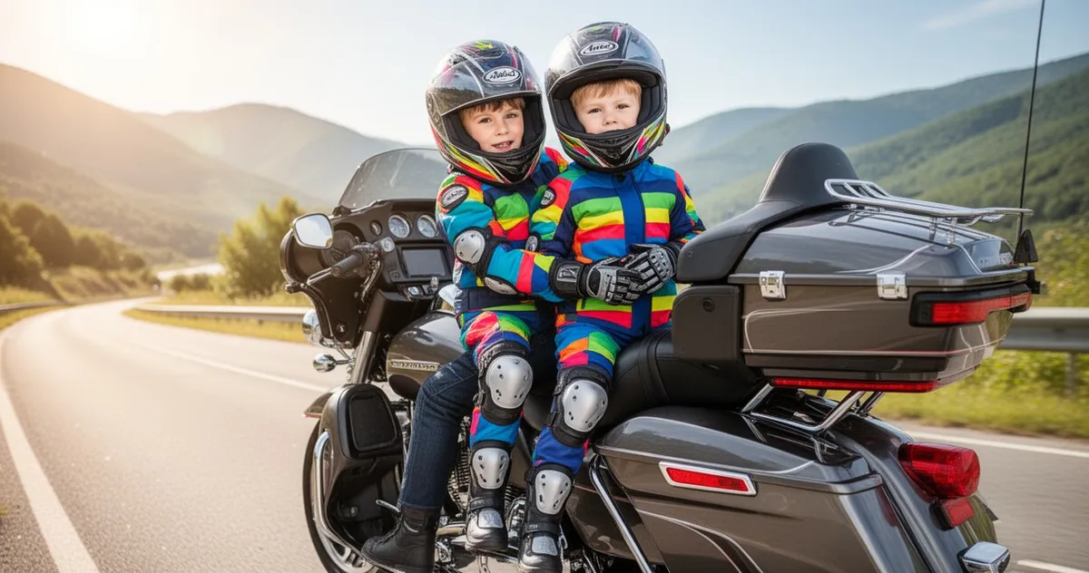 Dziecko w pełnym stroju ochronnym jako pasażer na tylnym siedzeniu motocykla, trzymające się kierowcy