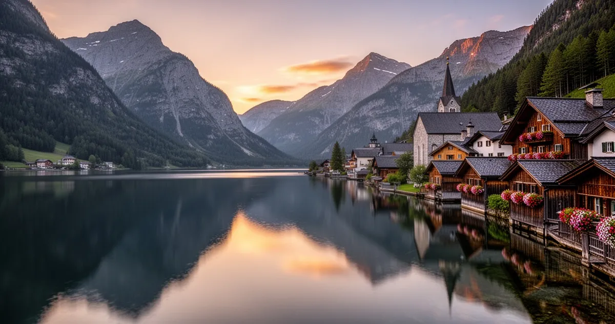 Malowniczy widok na alpejską wioskę Hallstatt o zmierzchu