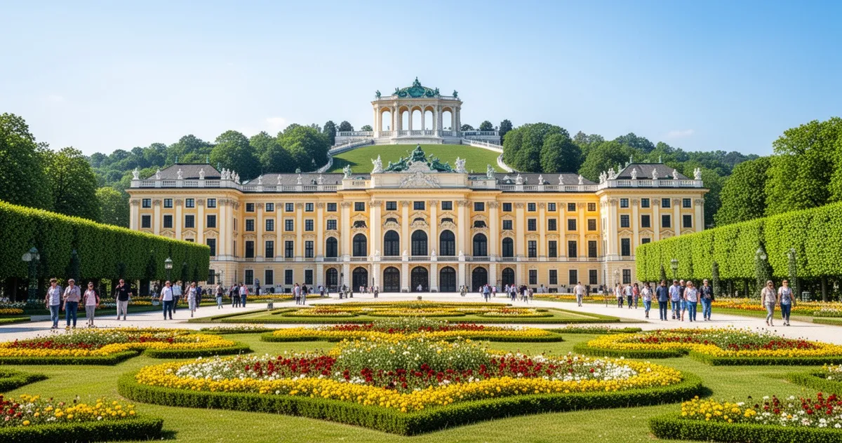 Pałac Schönbrunn w Wiedniu z ogrodami i Gloriettą w tle