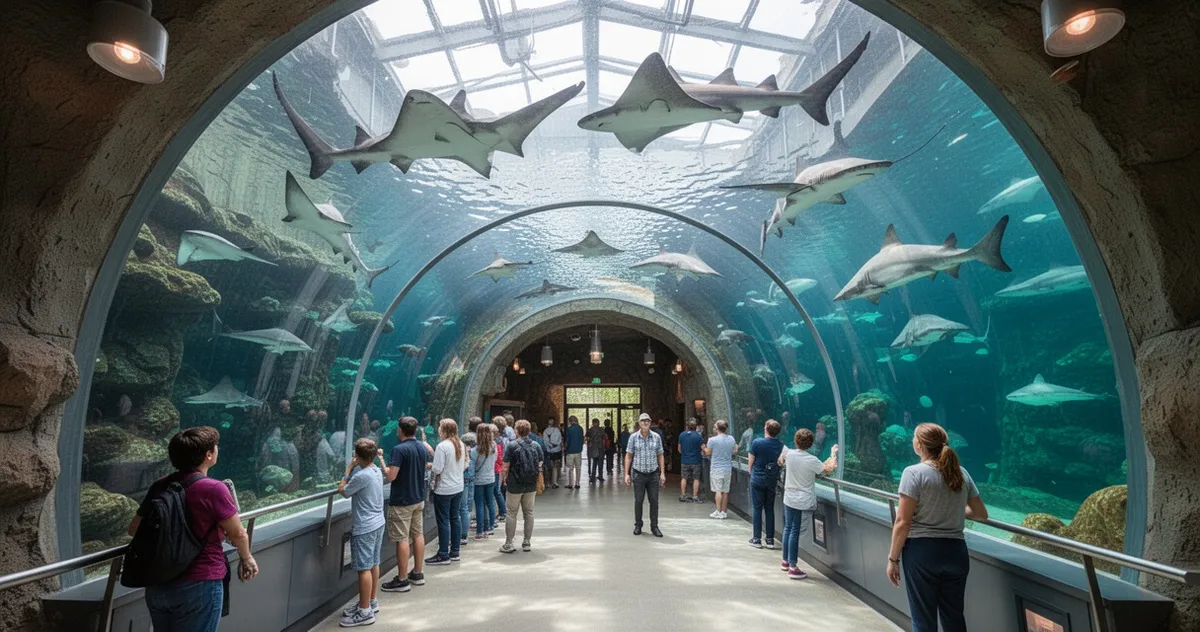 Tunel podwodny w Orientarium ZOO Łódź z pływającymi rekinami