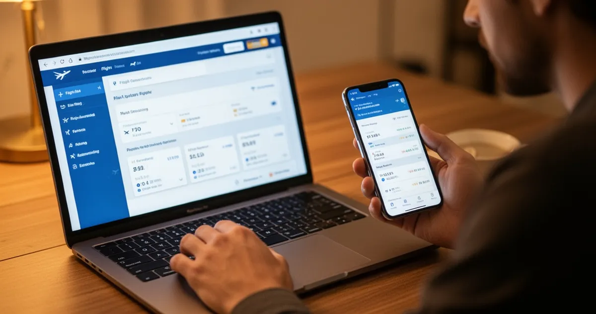 Osoba porównująca opcje lotów na laptopie i smartfonie