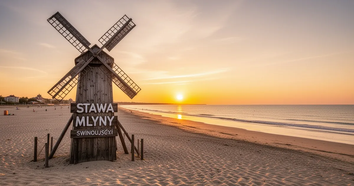 Stawa Młyny na plaży w Świnoujściu podczas zachodu słońca