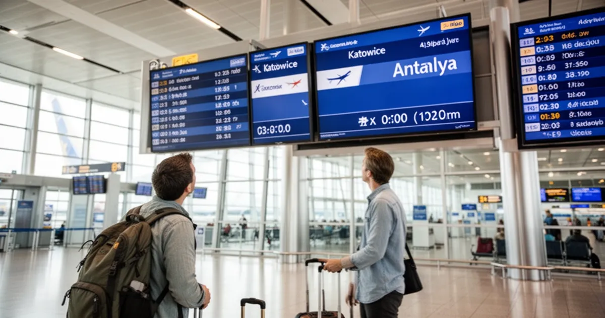 Podróżny sprawdzający informacje o locie Katowice-Antalya na tablicy odlotów