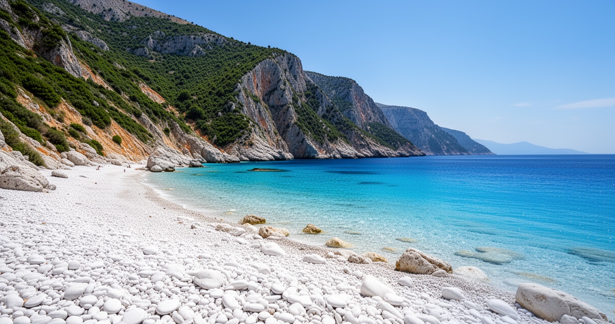 Plaża Myrtos na Kefalonii z turkusową wodą i skalistym brzegiem