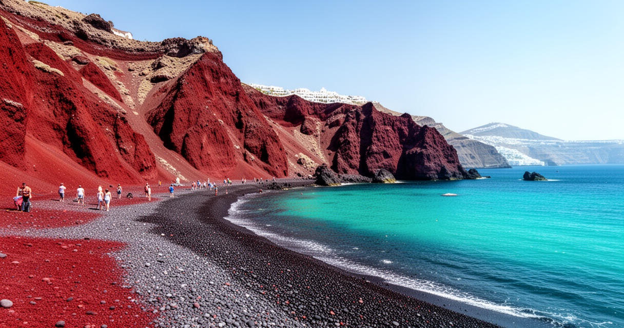 Red Beach na Santorini z czerwonymi wulkanicznymi skałami