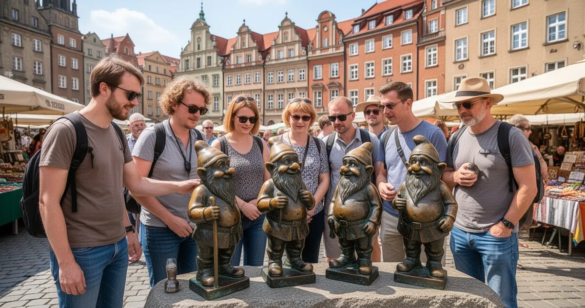 Turyści szukający krasnali na Rynku we Wrocławiu