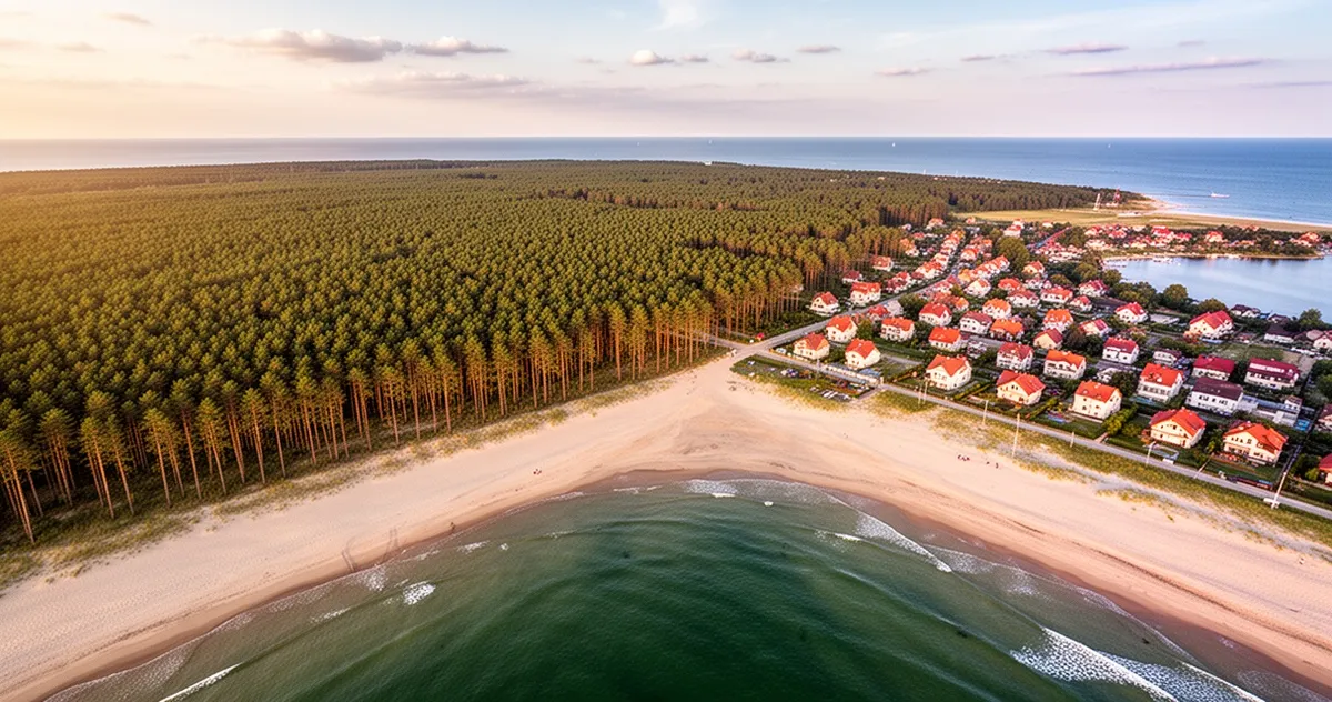Widok z lotu ptaka na polskie wybrzeże Bałtyku z piaszczystą plażą i lasem sosnowym