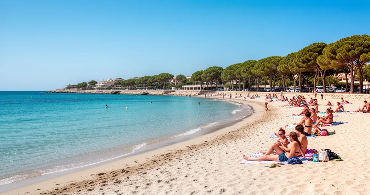 Szeroka piaszczysta plaża Alcudia na Majorce z rodzinami wypoczywającymi nad morzem