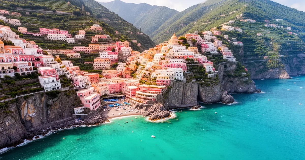 Positano widziane z góry – kolorowe domy schodzące ku morzu