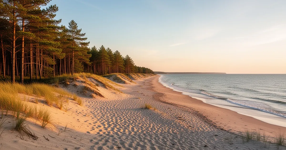 Dzika piaszczysta plaża otoczona lasem sosnowym i wydmami