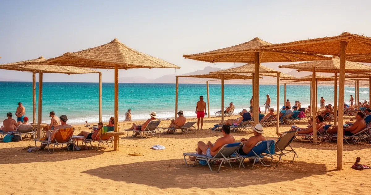 Turyści na plaży w Marsa Alam chronieni cieniem parasoli