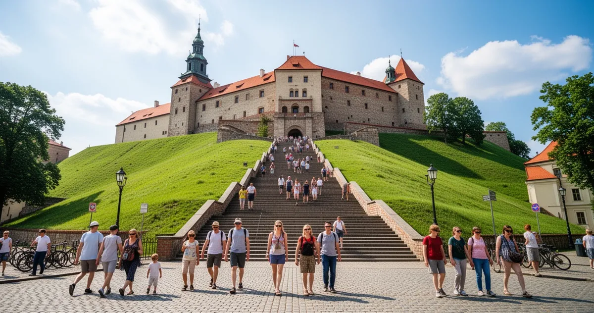 Turyści wchodzący po schodach na Wzgórze Zamkowe w Lublinie