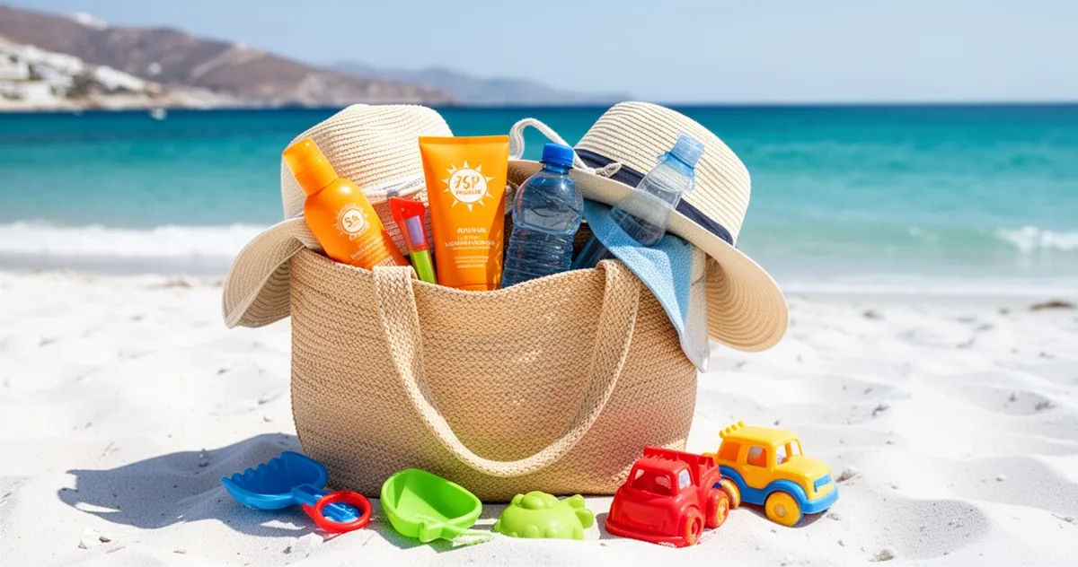Torba plażowa przygotowana na wyjście z dzieckiem na plażę na Krecie
