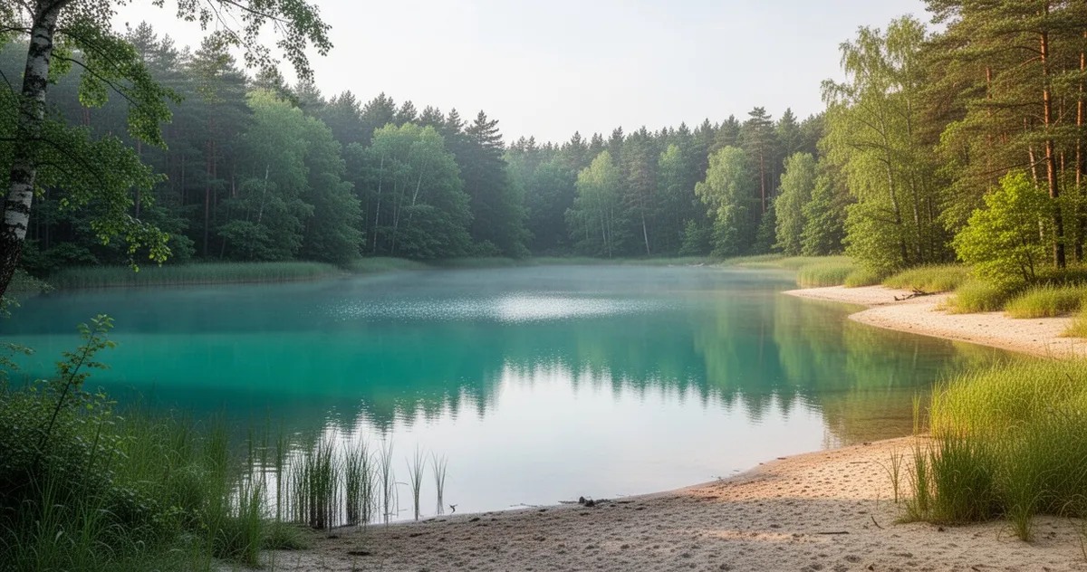 Lazurowe Jezioro Turkusowe na Wyspie Wolin otoczone lasem