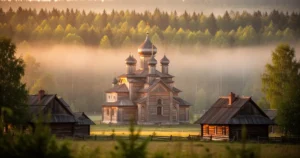 Drewniana cerkiew na Podlasiu otoczona zamglonym lasem w ciepłym świetle zachodzącego słońca.