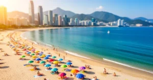 Piaszczysta plaża w Pusanie z kolorowymi parasolami i turystami, w tle nowoczesna zabudowa miasta i góry w słoneczny dzień.
