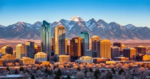 Panorama centrum Denver z nowoczesnymi wieżowcami na tle ośnieżonych Gór Skalistych w blasku zachodzącego słońca.