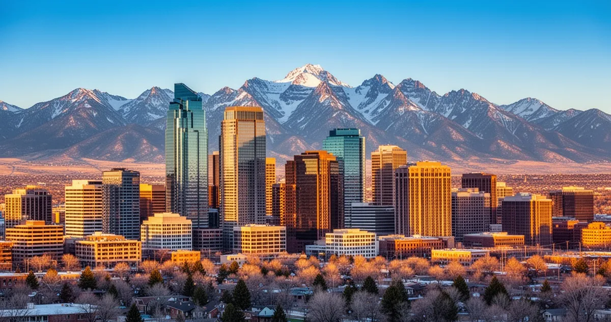 Panorama centrum Denver z nowoczesnymi wieżowcami na tle ośnieżonych Gór Skalistych w blasku zachodzącego słońca.