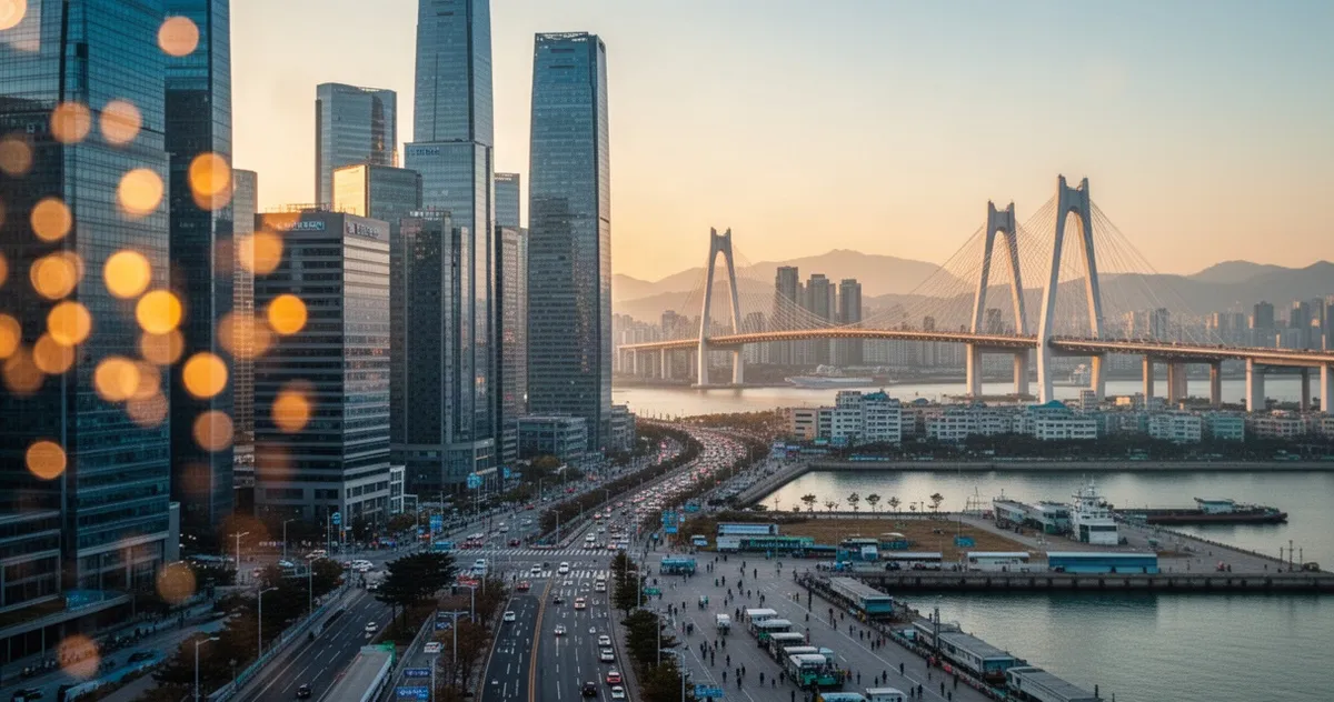 Nowoczesne wieżowce Incheon z mostem Incheon Bridge w tle o zachodzie słońca, widok na tętniącą życiem nabrzeżną ulicę.