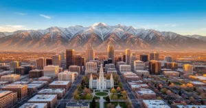 Panorama Salt Lake City z budynkami centrum i Świątynią w blasku zachodzącego słońca na tle ośnieżonych gór Wasatch.