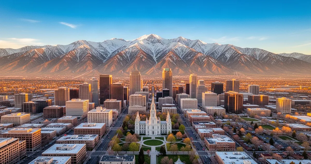 Panorama Salt Lake City z budynkami centrum i Świątynią w blasku zachodzącego słońca na tle ośnieżonych gór Wasatch.