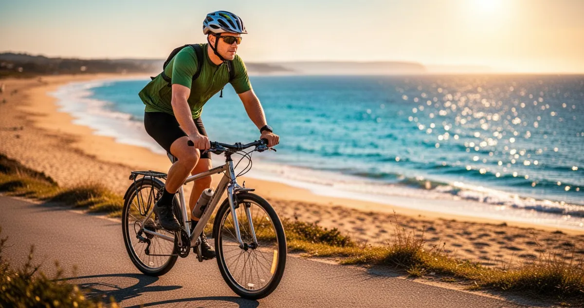 Rowerzysta jadący malowniczą ścieżką wzdłuż piaszczystej plaży i błękitnego morza w blasku złotego światła zachodzącego słońc