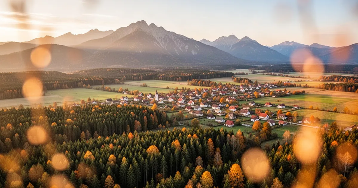 Panoramiczny widok na polski krajobraz z górami, lasami i malowniczymi wioskami w ciepłych barwach jesieni o złotej godzinie.