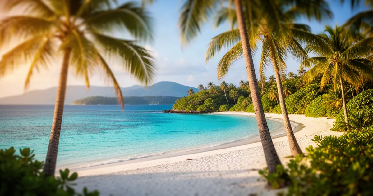 Piaszczysta plaża na Mauritiusie z palmami na pierwszym planie, turkusową wodą i bujną zielenią w promieniach słońca.