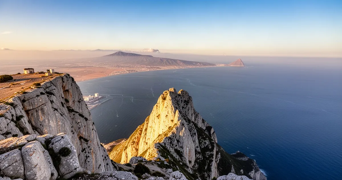 Widok z wierzchołka Skały Gibraltarskiej na Cieśninę Gibraltarską i wybrzeże Afryki w ciepłym świetle zachodzącego słońca.