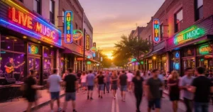 Tętniące życiem centrum Austin o zachodzie słońca: kolorowe neony klubów muzycznych i tłum ludzi w ciepłym świetle.