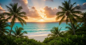 Piaszczysta plaża na Bali z turkusową wodą i palmami na tle zachodzącego słońca.