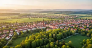 Widok z lotu ptaka na panoramę Wrocławia w świetle zachodzącego słońca, otoczoną zielonymi krajobrazami i wioskami.