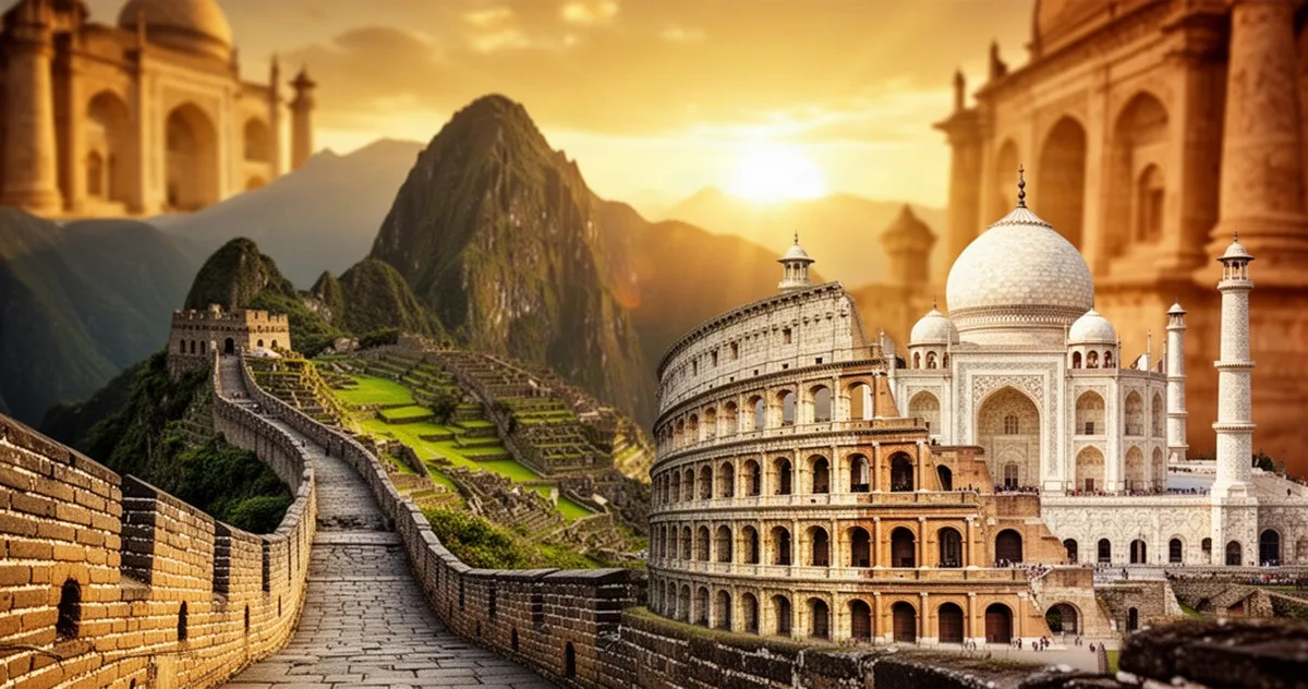 Panoramiczny kolaż przedstawiający Wielki Mur Chiński, Machu Picchu, Koloseum i Tadź Mahal w ciepłym świetle zachodzącego sło