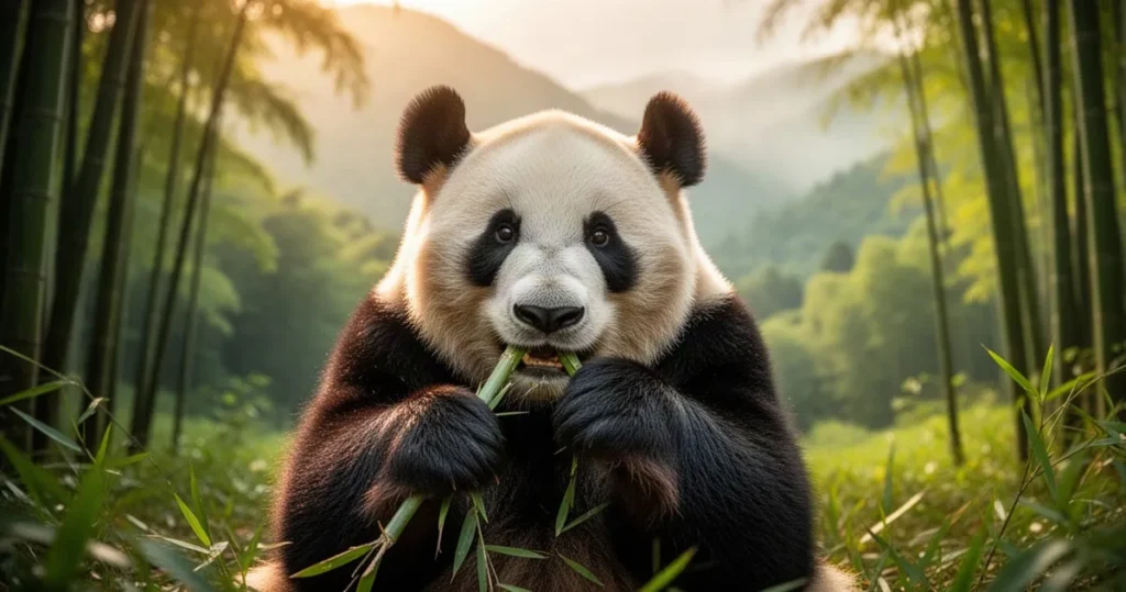Panda wielka jedząca pędy bambusa w gęstym, zielonym lesie w promieniach słońca.