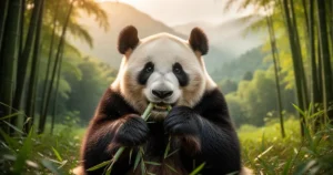 Panda wielka jedząca pędy bambusa w gęstym, zielonym lesie w promieniach słońca.