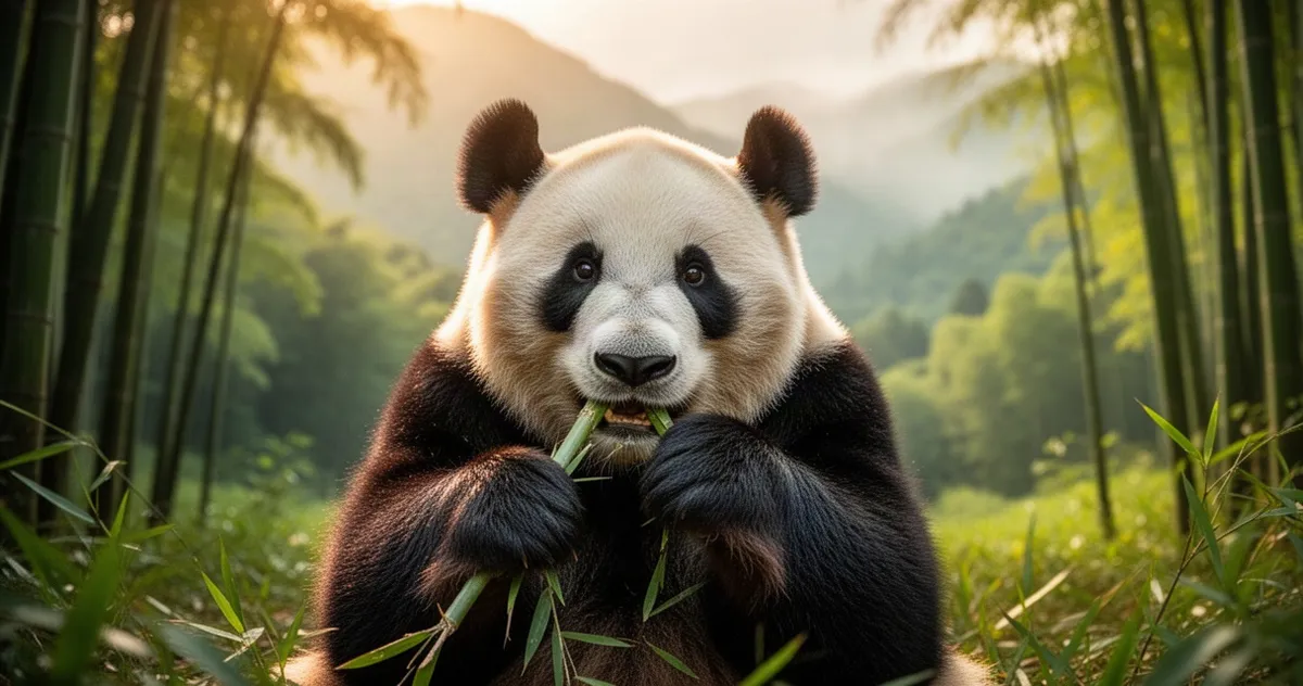 Panda wielka jedząca pędy bambusa w gęstym, zielonym lesie w promieniach słońca.