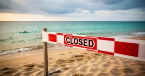 Piaszczysta plaża nad Bałtykiem z czerwono-białą barierą ostrzegawczą o zakazie kąpieli na pierwszym planie.
