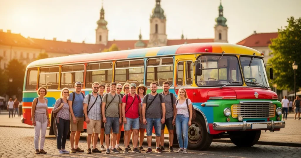 Grupa różnorodnych turystów przed kolorowym zabytkowym autokarem w słoneczny dzień, w tle rozmyte zabytki Rzeszowa.