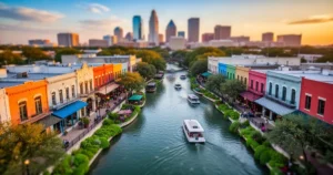 Widok z lotu ptaka na River Walk w San Antonio o zachodzie słońca, z kolorowymi budynkami, zielenią i łodziami na rzece.