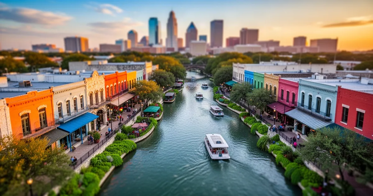 Widok z lotu ptaka na River Walk w San Antonio o zachodzie słońca, z kolorowymi budynkami, zielenią i łodziami na rzece.