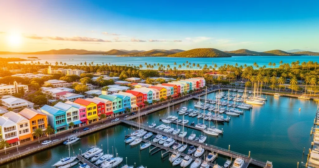 Widok z lotu ptaka na kolorowe nabrzeże Townsville, marinę i tropikalne wybrzeże w świetle zachodzącego słońca.